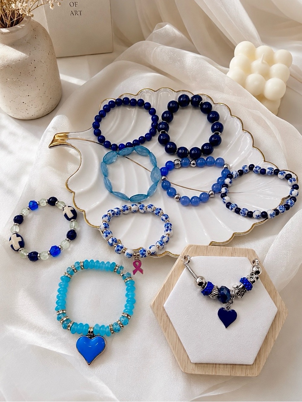 Blue Beaded Bracelet Bundle – 9 Bracelets Mixed Styles | Stretch & Charms